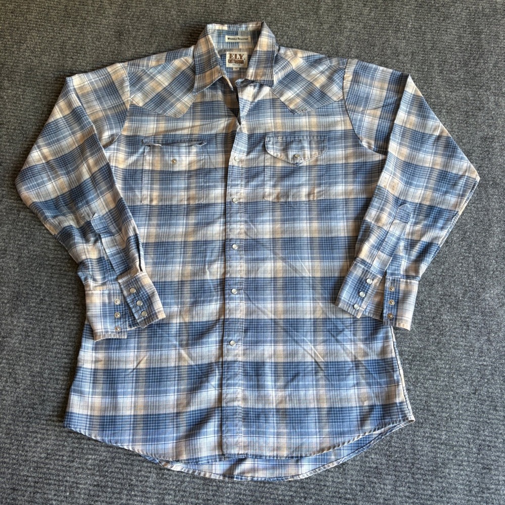Ely Cattleman Mens Blue Plaid Western Pearl Snap Shirt Long Sleeve Wrinkle